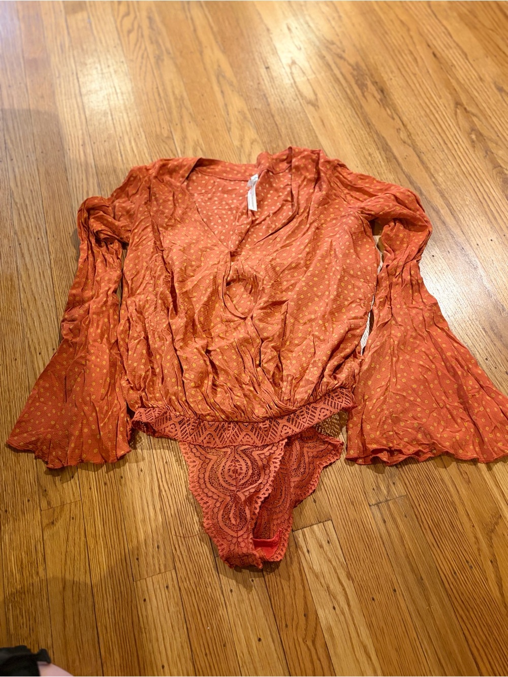 Anthropologie Rust Orange Lace-Trim V-Neck Bodysuit